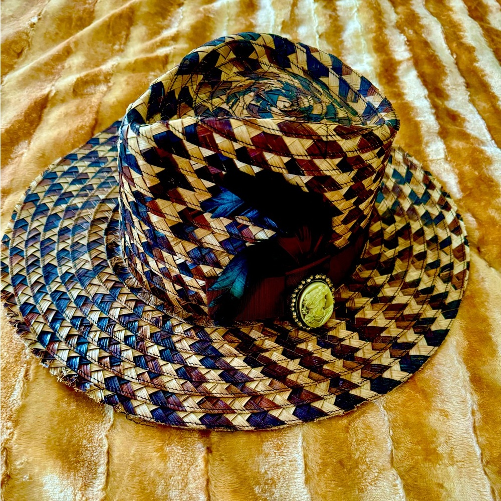 Handmade Vintage Wide Brim Two Tone Straw Hat With Brooch And Feathers